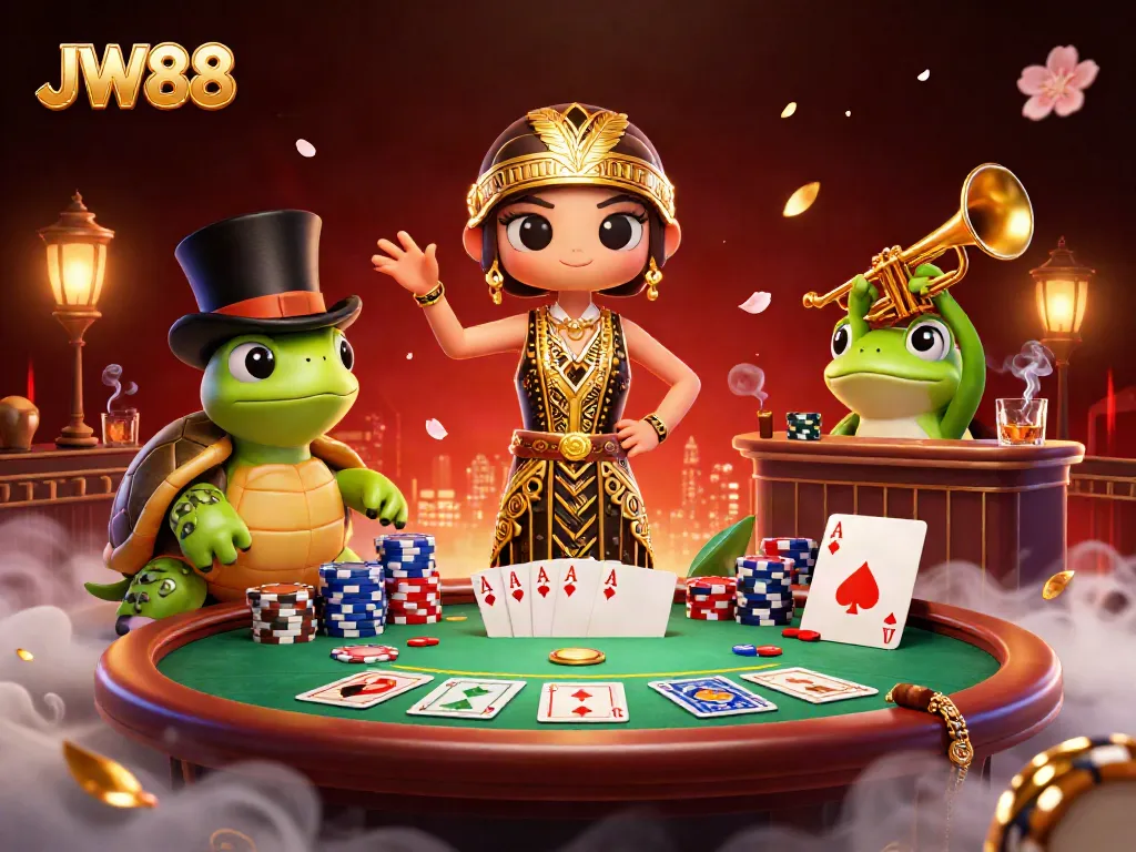 Join the excitement at JW88 with poker tables, vibrant characters, and thrilling casino action!