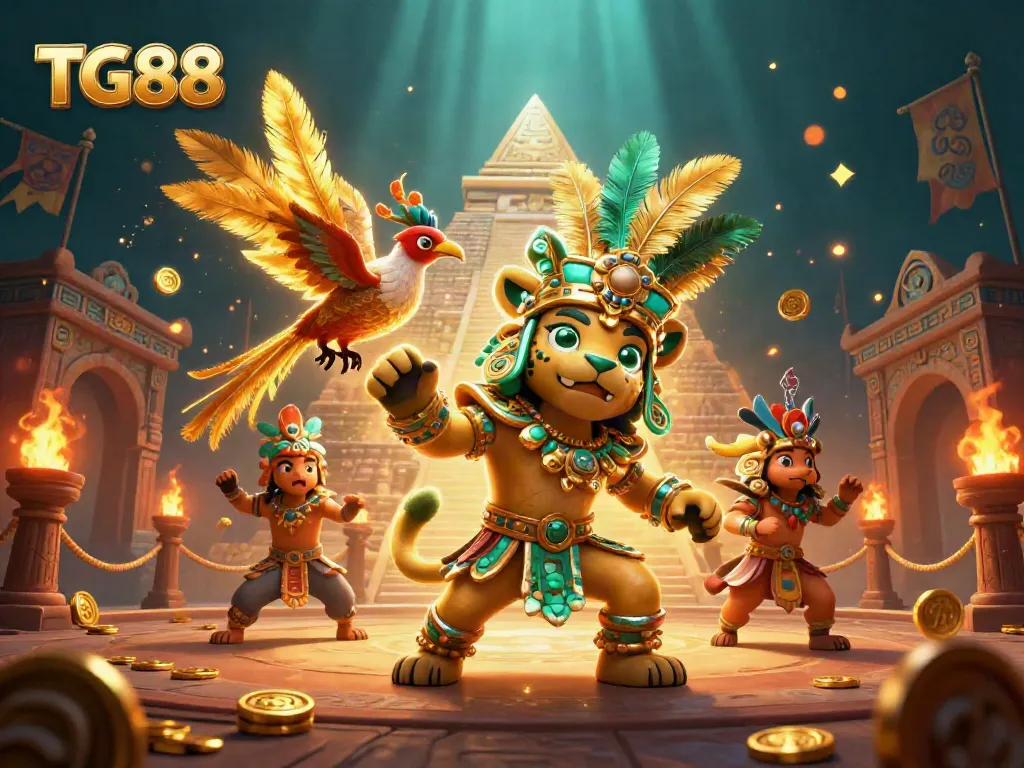 Engage with TG88's vibrant 3D digital art showcasing casino excitement with Mayan priest and golden quetzal.