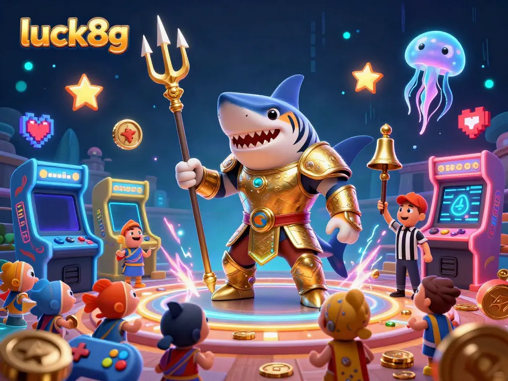 Experience the thrilling luck8g underwater casino scene featuring a tiger shark and gaming elements.
