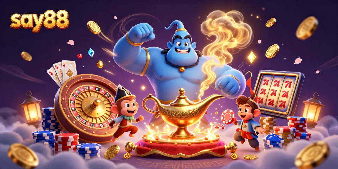 Experience excitement at say88 with a vibrant 3D casino illustration featuring dynamic game elements.
