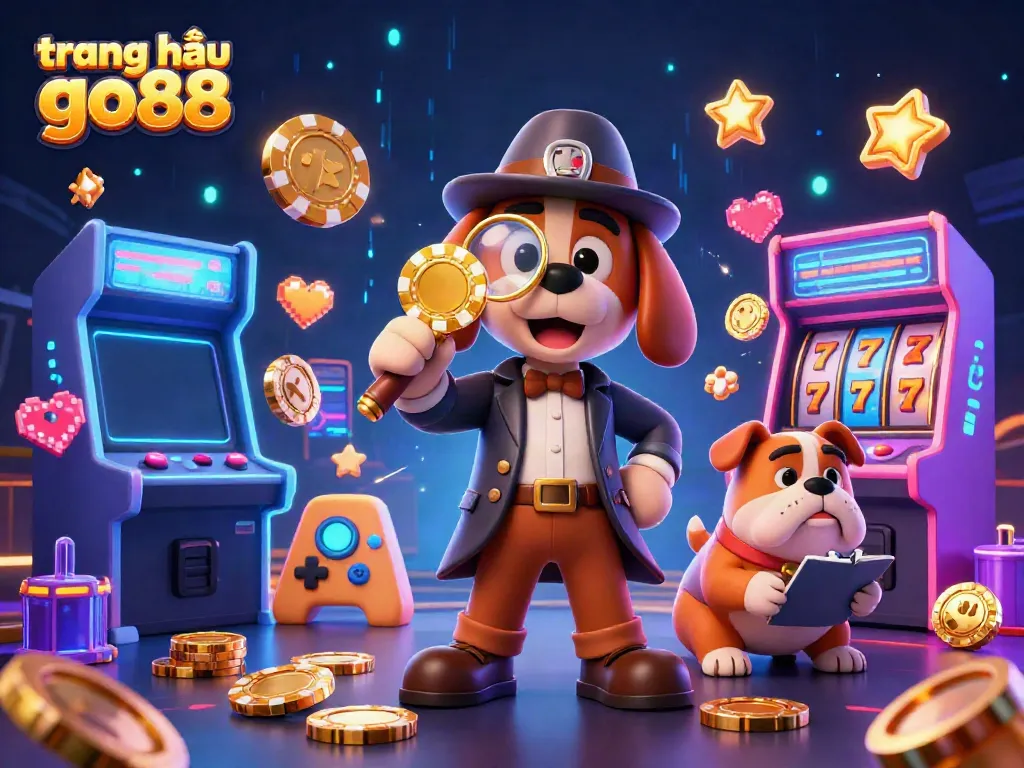 Examine clues at trang chủ go88 with a 3D detective dog duo amidst vibrant casino arcade action.