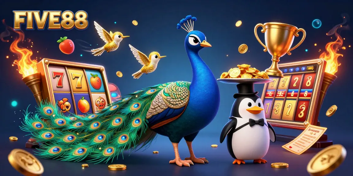 Experience the excitement of FIVE88 with vibrant casino elements and majestic characters in action.