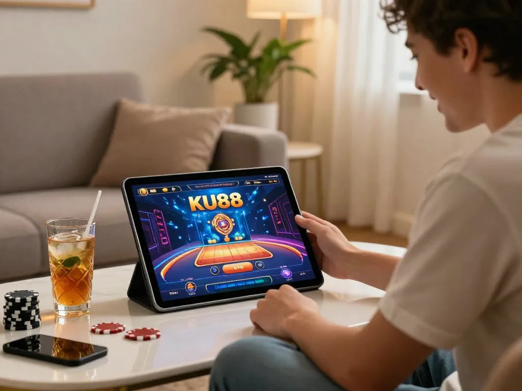 Player enjoying KU88 online gaming on a tablet in a cozy environment.