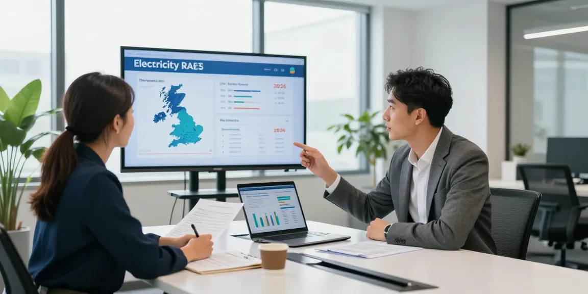 Business consultation discussing uk electricity price per kwh 2026 with data analytics and energy strategies in a modern office setting.