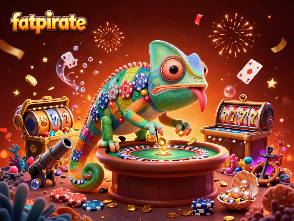 Experience FatPirate with vibrant chameleon casino owner and rich gaming elements in a lively 3D scene.