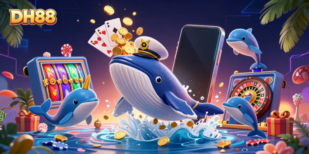 Engage with exciting casino fun at DH88 - a vibrant 3D scene of a whale, dolphins, and slot games amidst coins.