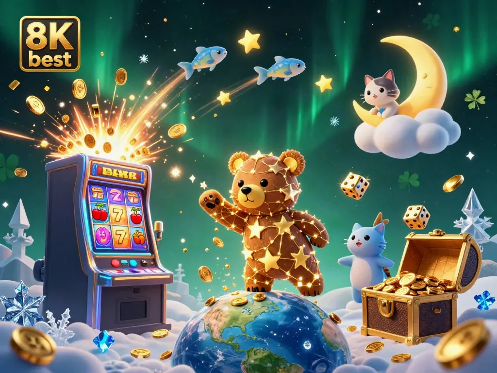 Play exciting casino games with the 8K best featuring a magical bear and vibrant slot machine.