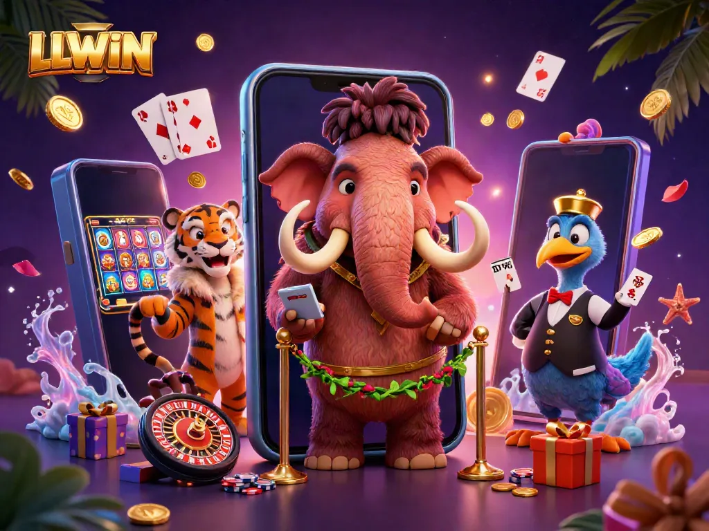 Experience LLWIN with vibrant 3D illustration of a casino bouncer, VIP guest, and doorman.