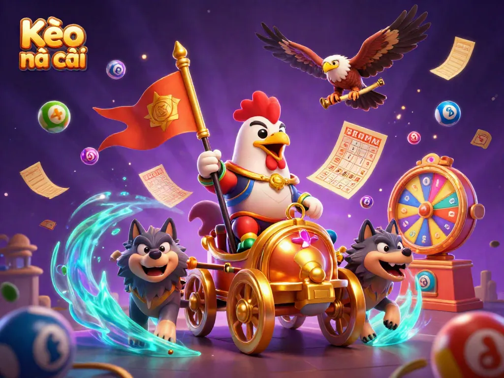 Experience dynamic betting excitement with Kèo nhà cái as a rooster warlord leads a colorful scene of vibrant lottery elements.