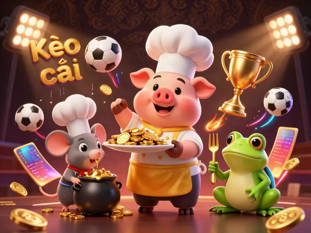 Engage in Kèo nhà cái betting with a lively 3D scene of animated chefs, sports elements, and gold treasures.