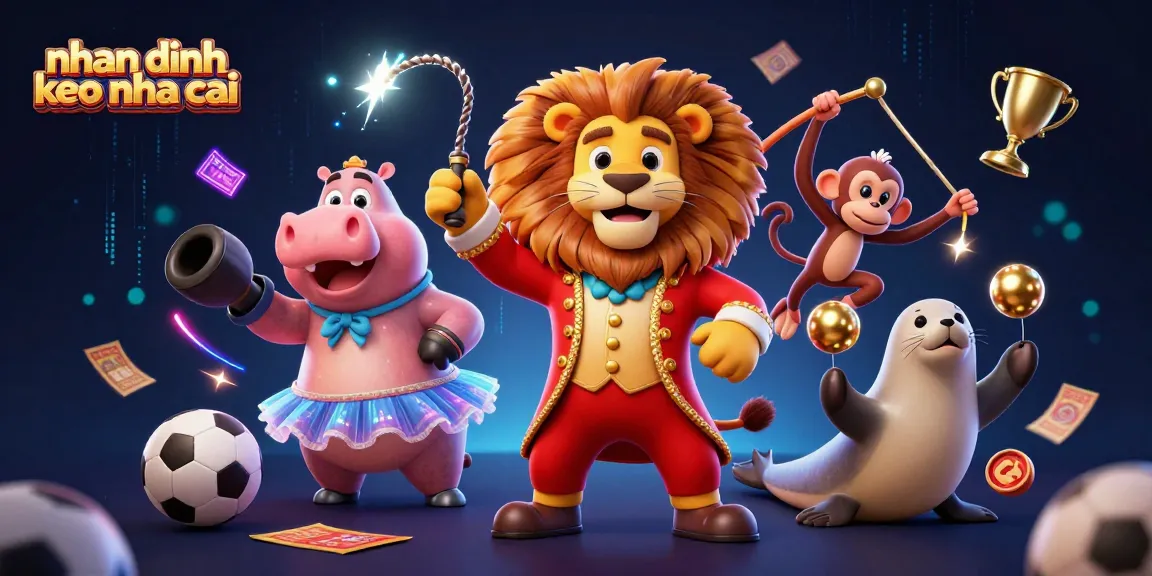 Engaging visual of 'nhan dinh keo nha cai' showcasing dynamic sports betting elements with cartoon-lion ringmaster.