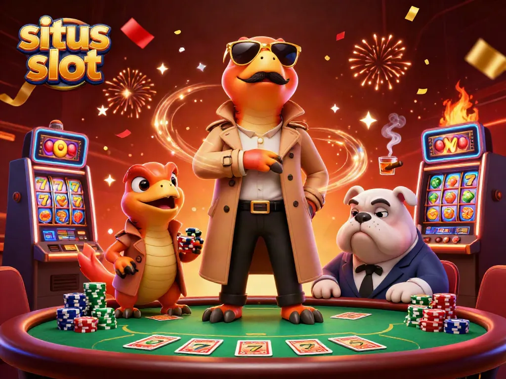 Situs slot features three raptors in a trench coat entering a VIP casino, showcasing a dynamic gambling scene with poker chips and slot machines.
