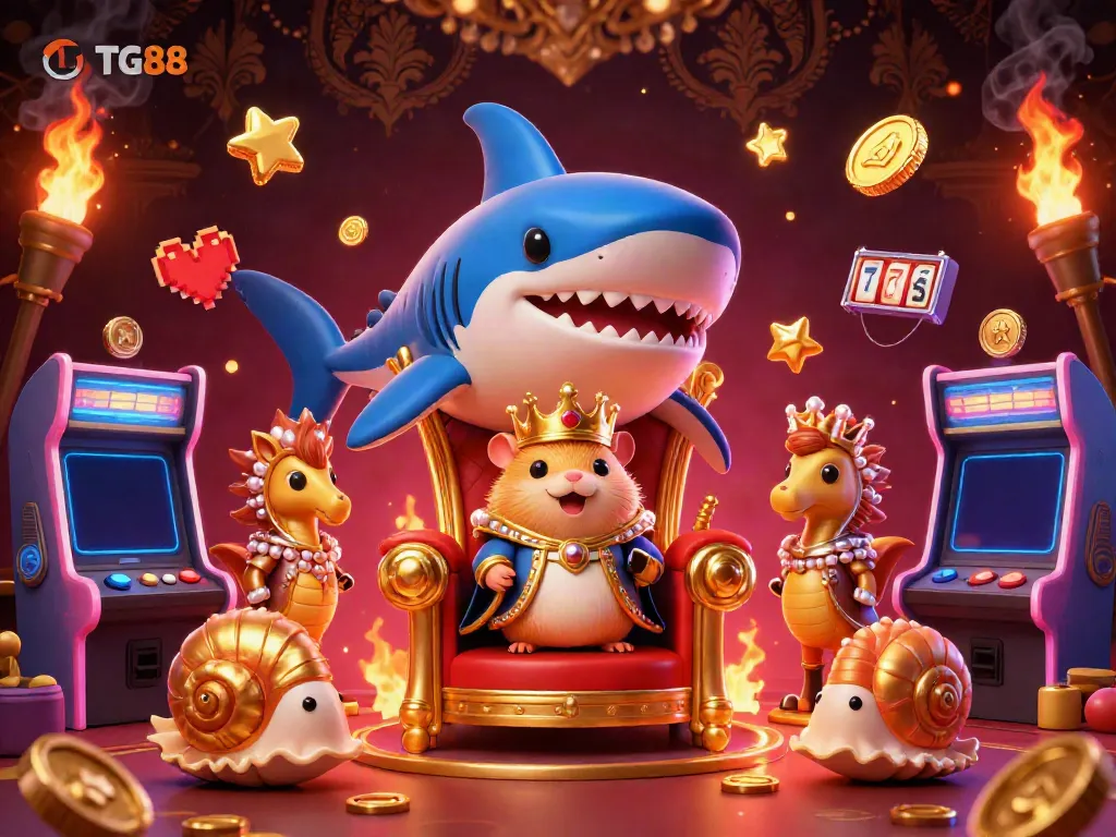 Experience the excitement of TG88 with a vibrant casino scene featuring a hamster king and dynamic game elements.