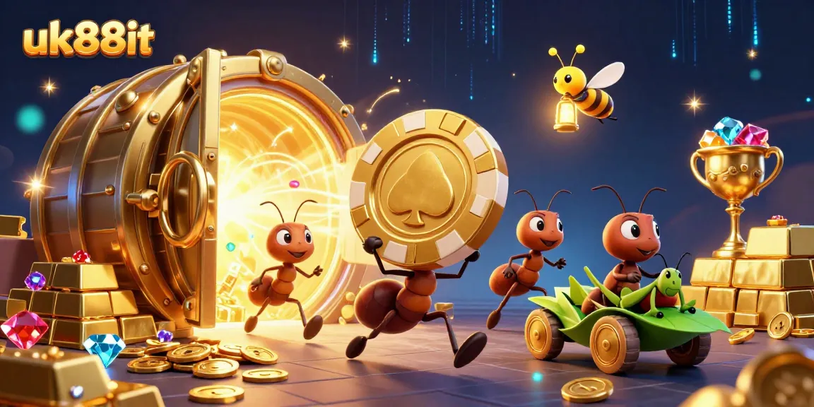 Engage with the exciting world of gambling at uk88it, featuring ants capturing a giant poker chip.