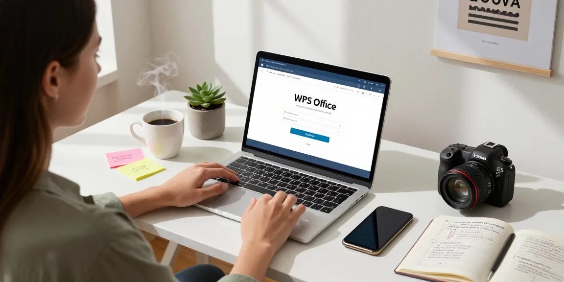 Download WPS Office in a modern home office setting with a user focused on their laptop.