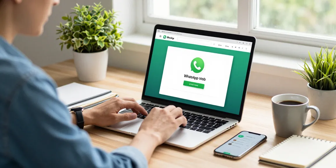 Using WhatsApp網頁版 on a laptop in a modern home office