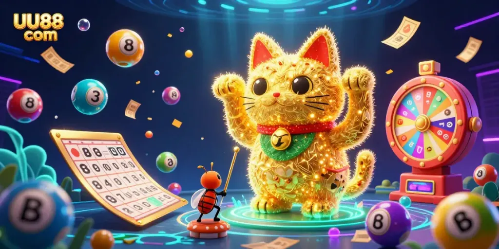 Experience the thrilling world of UU88 com with a vibrant 3D casino scene full of animated lucky cat and dynamic lottery elements.