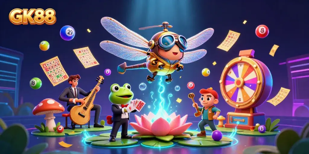 GK88 showcases vibrant gaming action with a dragonfly pilot and frog croupier in this casino-themed illustration.
