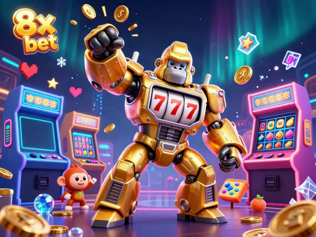Experience thrilling wins with the 8x bet gorilla mech themed in a vibrant casino atmosphere filled with dynamic gaming elements.
