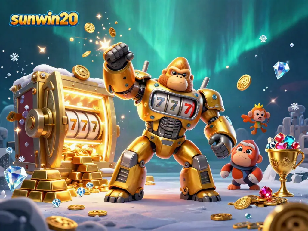 Experience the sunwin20 gaming adventure with an epic golden gorilla mech amidst treasures and excitement.