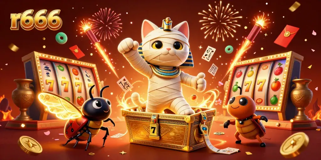 Play engaging games at r666 with a lively Egyptian casino scene full of colors and festive elements.