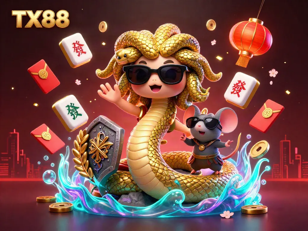 Engage with TX88's vibrant gaming scene featuring Medusa and a warrior mouse in an exciting casino environment.