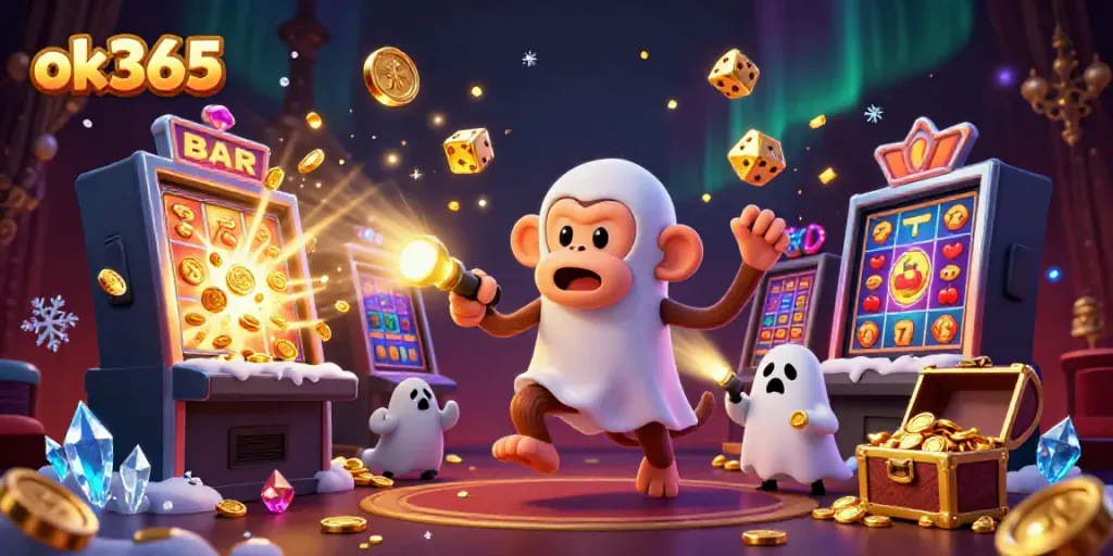 Experience the enchanting world of ok365 where a playful ghost and puppy discover a vibrant casino bursting with treasures!