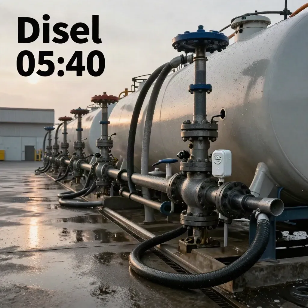 Dieseltankmodule met slangen en sensoren op nat beton in een mistige depotgarage.