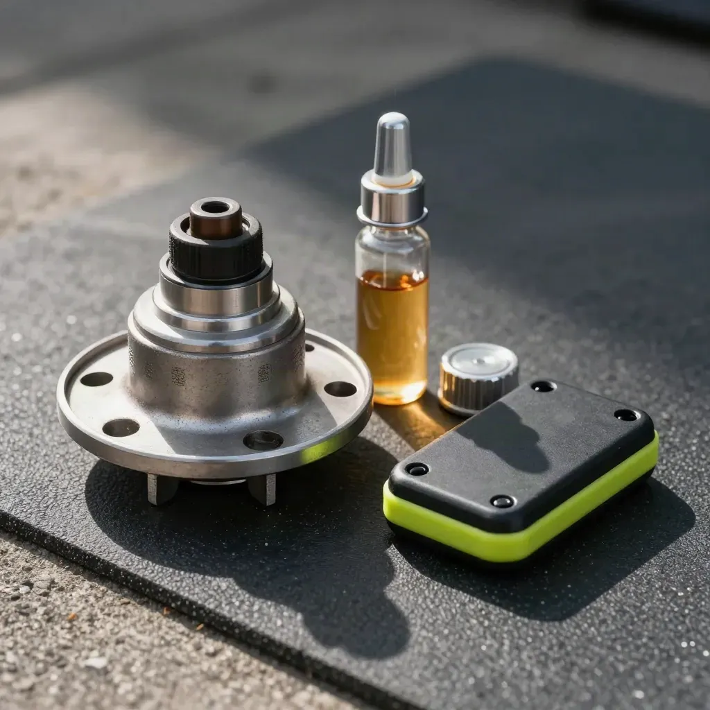Top-down flatlay van sensor, brandstofmonster en routepuck op donkere werkmat met zachte lime accenten