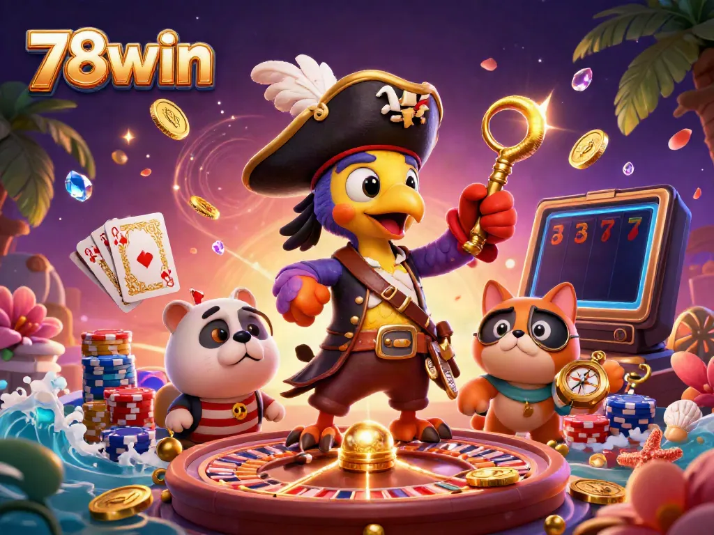 Experience thrilling gameplay action with 78win, showcasing lively casino characters amidst cascading coins and vibrant game elements.