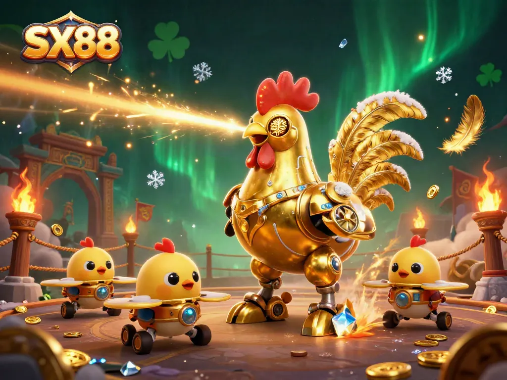 SX88 showcases a vibrant 3D casino illustration of a robotic rooster and drones engaging in a dynamic betting arena