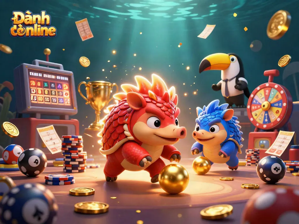 Engage in Đánh đề online with dynamic pangolins and vibrant lottery elements celebrating gaming excitement.