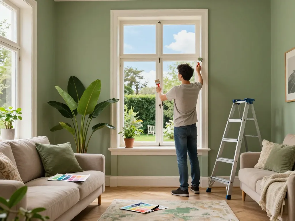 Interieurontwerper schildert raamkozijnen tijdens de verbouwing van een huis in Utrecht, met focus op verbouwing en verhuizing Utrecht concepten.