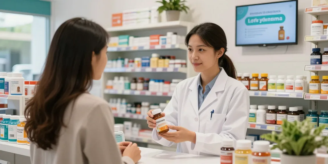 Unieke Pharma Shop met apotheker die klant adviseert over supplementen en vitamines.