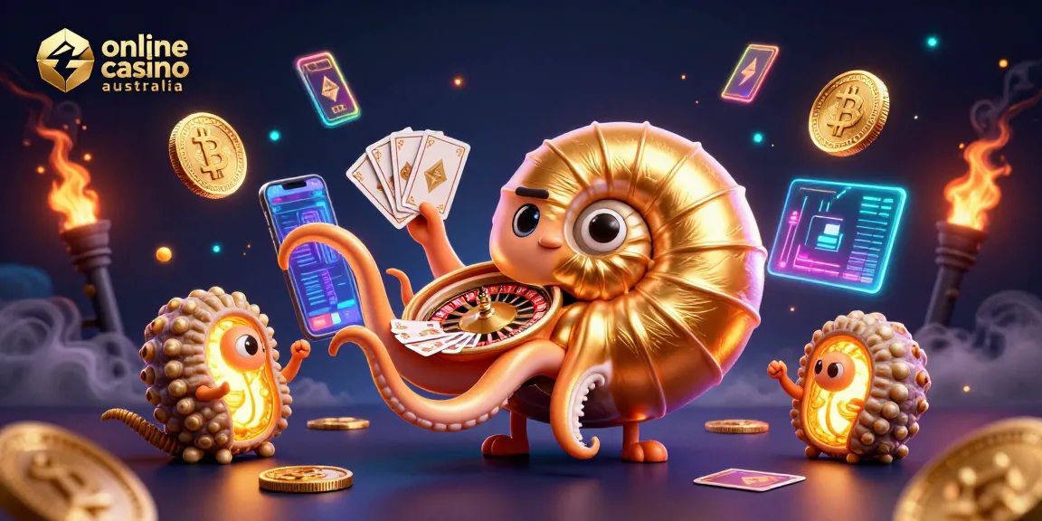 Engage with online casino Australia featuring a 3D nautilus roulette wheel and vibrant crypto elements.