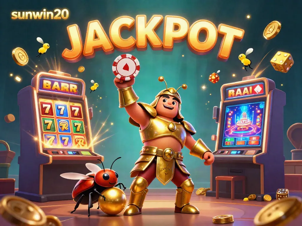 Experience the thrill of sunwin20 as a victorious beetle celebrates a jackpot, surrounded by colorful casino game elements.