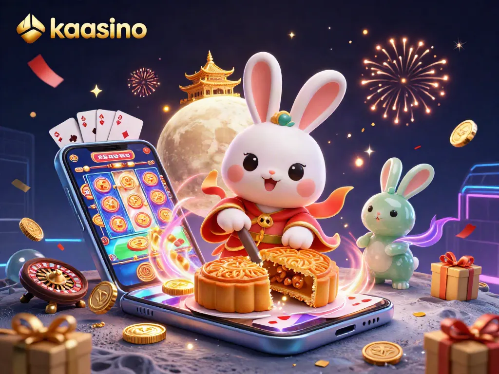 Kaasino offers engaging gaming with a moon rabbit creating mooncakes revealing poker chips amid casino action.