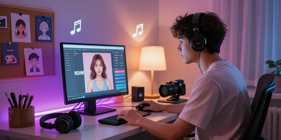 User interacting with NSFW AI image generator in a cozy room, showcasing innovative features and customization options.