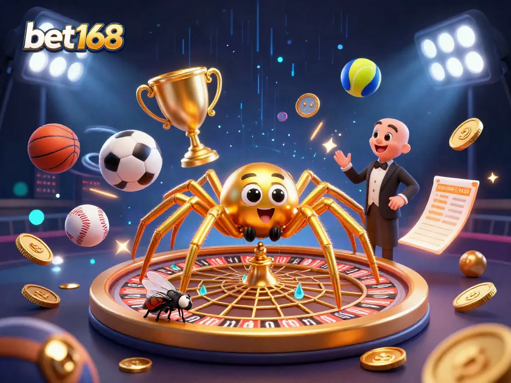 Bet168 showcases thrilling bets with a golden spider and croupier in a vibrant casino scene.