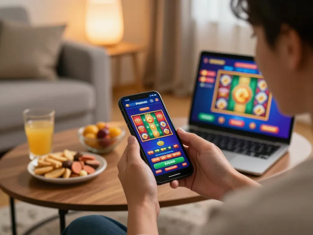 Engaging with slot pulsa gaming on smartphone in cozy home environment, showcasing responsible gambling.