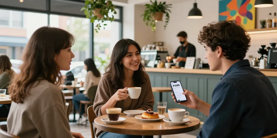 Engaged young adults socializing at a café, showcasing the f168.dating app interface.