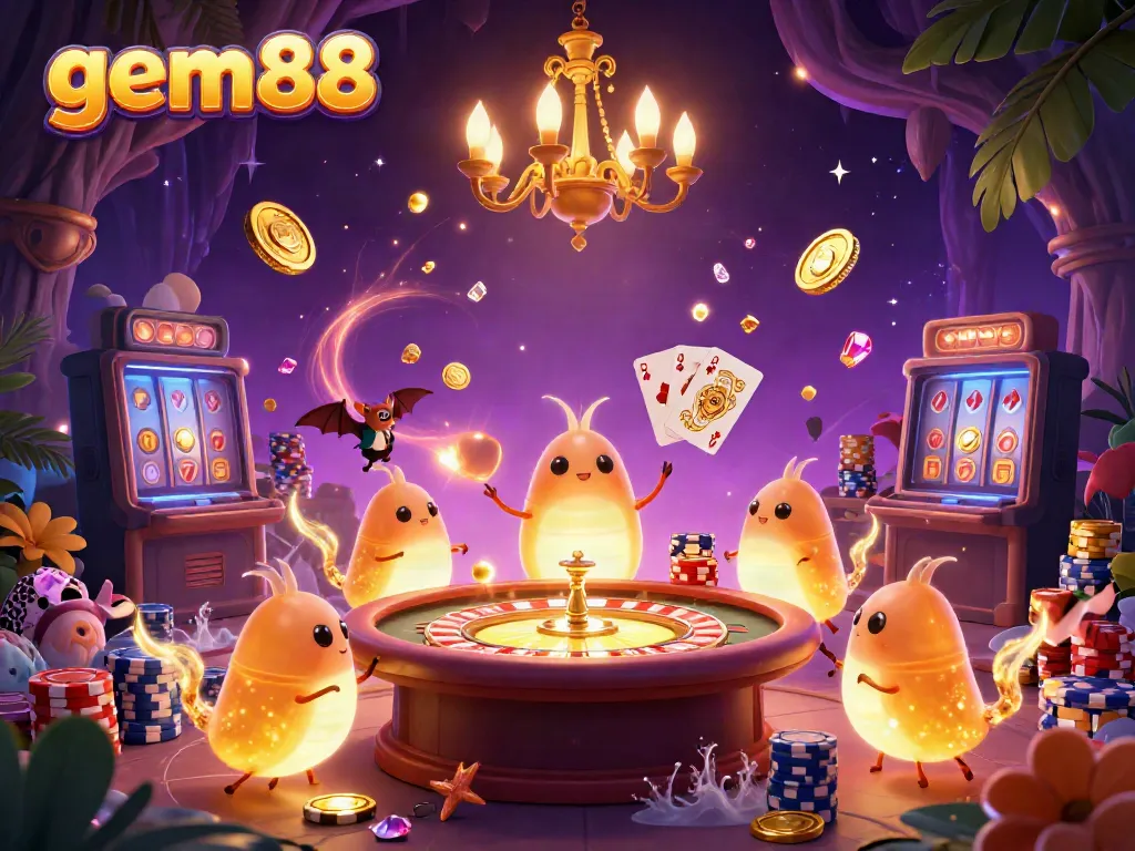Experience gem88 with glowworms illuminating a vibrant casino scene filled with gaming action.