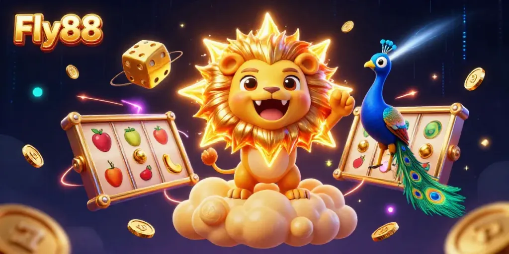 Experience the thrill of Fly88 with vibrant slot symbols and animated characters in a dynamic casino scene.