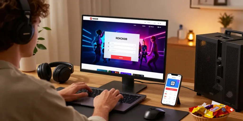 Experience seamless navigation with the rokok88 link login on a modern digital platform, highlighted by gaming accessories.