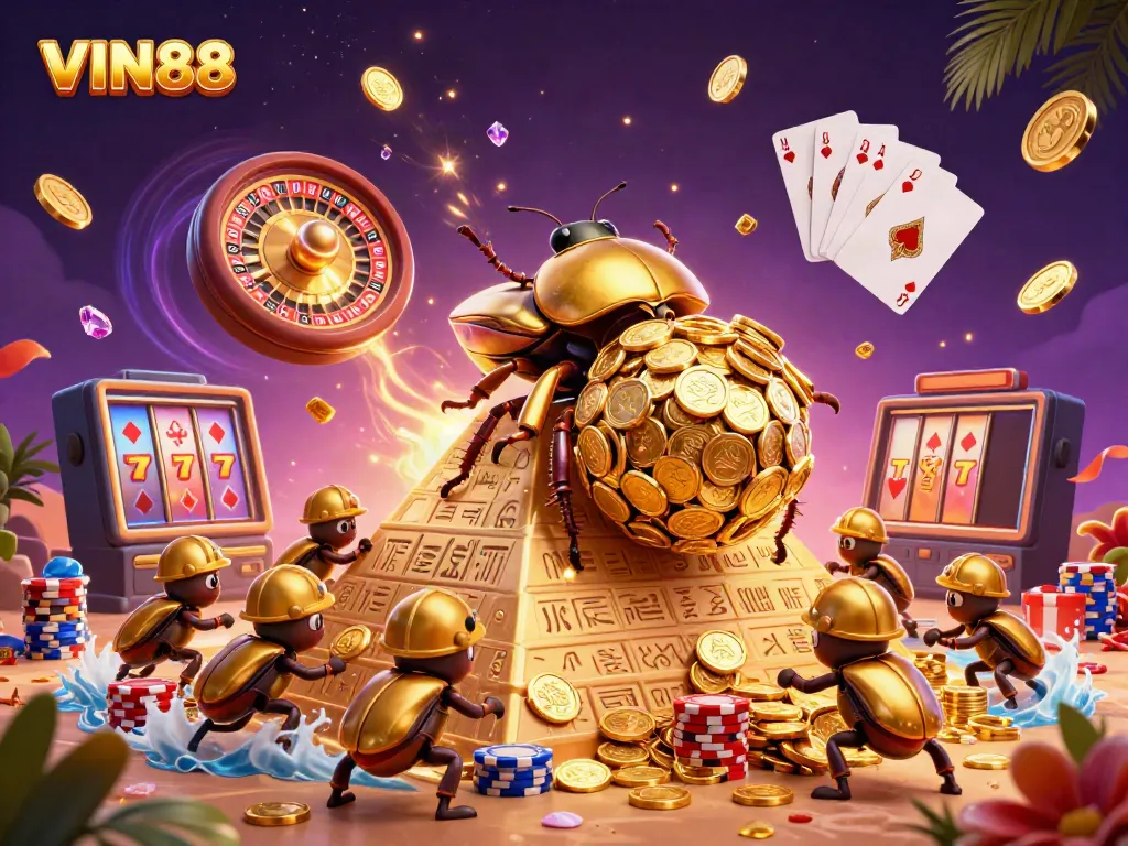 Experience luxurious gaming excitement with VIN88, featuring captivating golden beetles and casino symbols.
