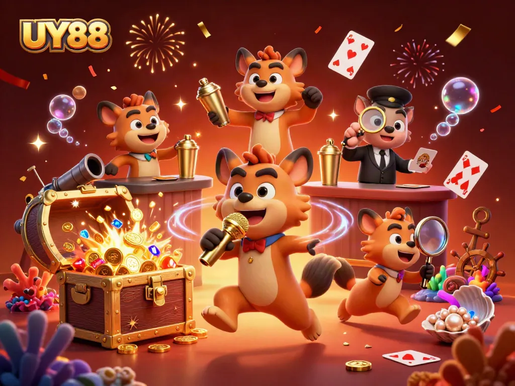Experience thrilling gameplay with UY88 at a vibrant 3D casino scene featuring hyenas and sparkling treasures.