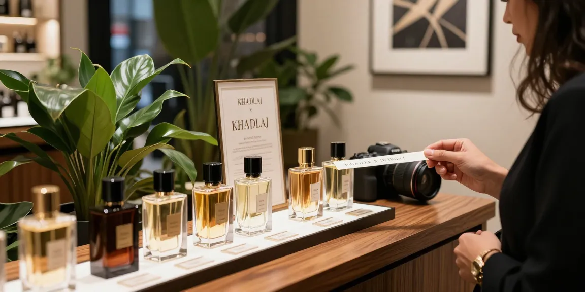 Khadlaj parfum flesjes in een chique boutique, een klant geniet van de geuren.