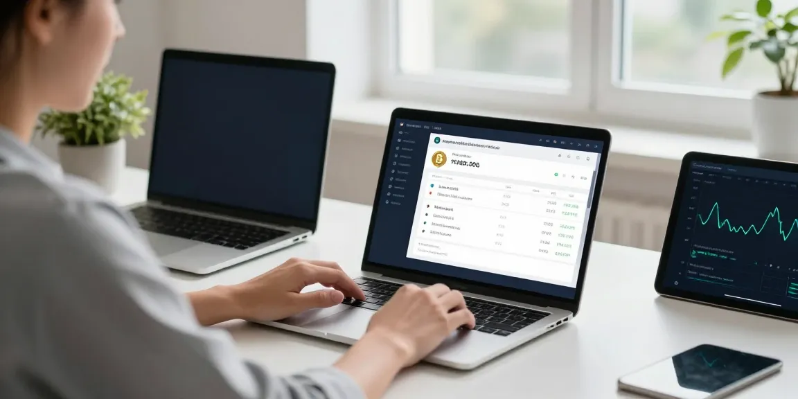 Engaged user managing internet-money cryptocurrency wallet on laptop in modern office setting.
