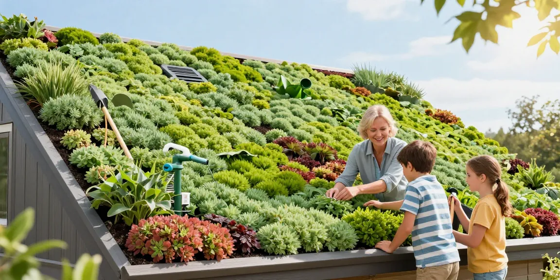 Kleurrijk sedum dak schuin dat huizen transformeert met groen, en familie vreugde toont.