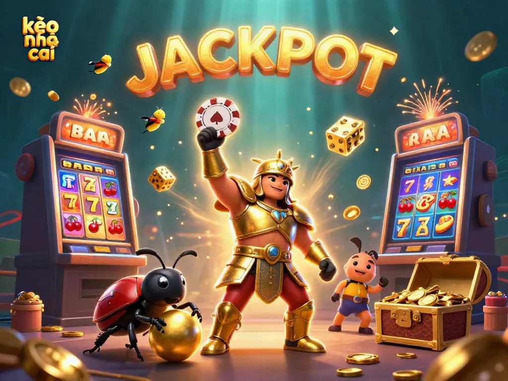 Celebrate victory with kèo nhà cái, featuring a heroic beetle and explosive casino elements.